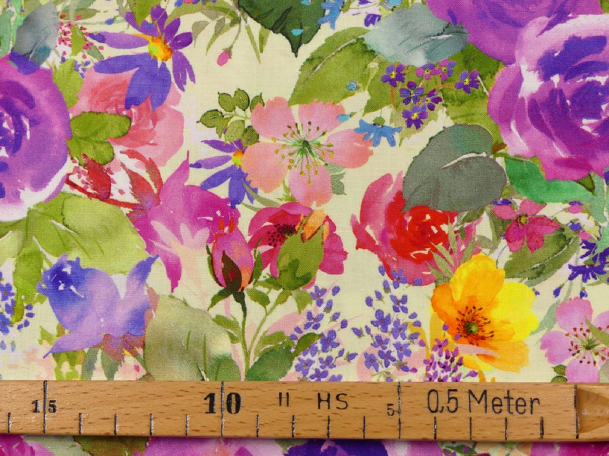 Patchworkstoff Clothworks Flowershop bunte Blumen Detailansicht mit Maß